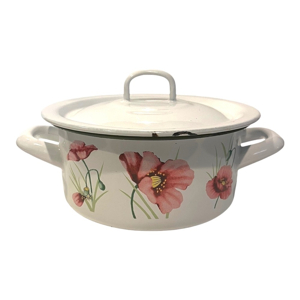 Vintage 6"‎ Enamel Flower Pot W/Lid 2 Handle European Europe